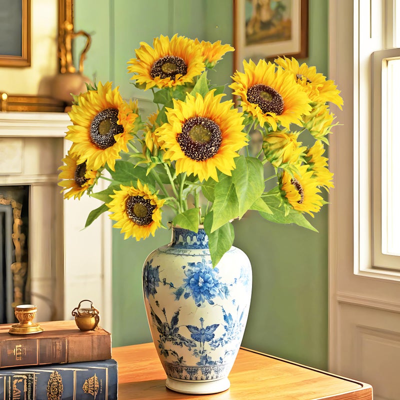 Htmeing Artificial Sunflowers Silk Flowers Fake Branches Decorative Plants Stems for Home Office Shop Decor (2pcs) - Image 3